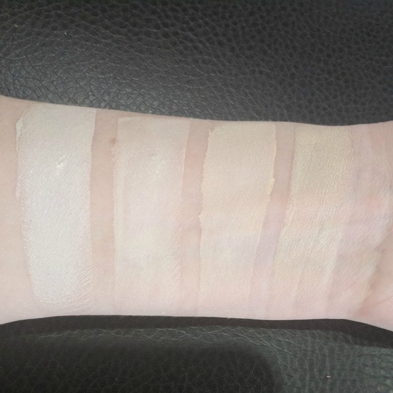 Comparison swatches of Huda Beauty Milkshake to Kat Von D L41, Idun Minerals Jorunn and NARS Siberia