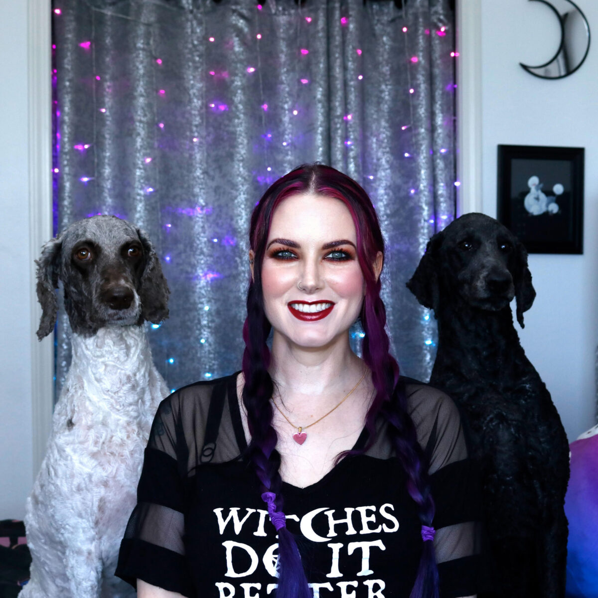 Cordelia and her two beautiful standard poodles Amaya and Nyx