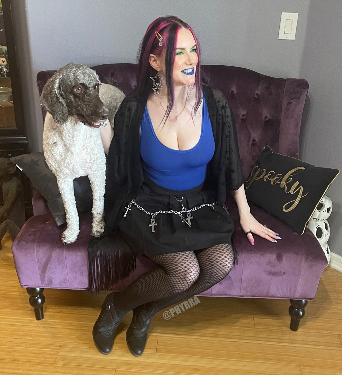 Cordelia is wearing Shapellx Royal Blue Tank Bodysuit Shapewear and AirSlim Fishnet Shaping Tights 