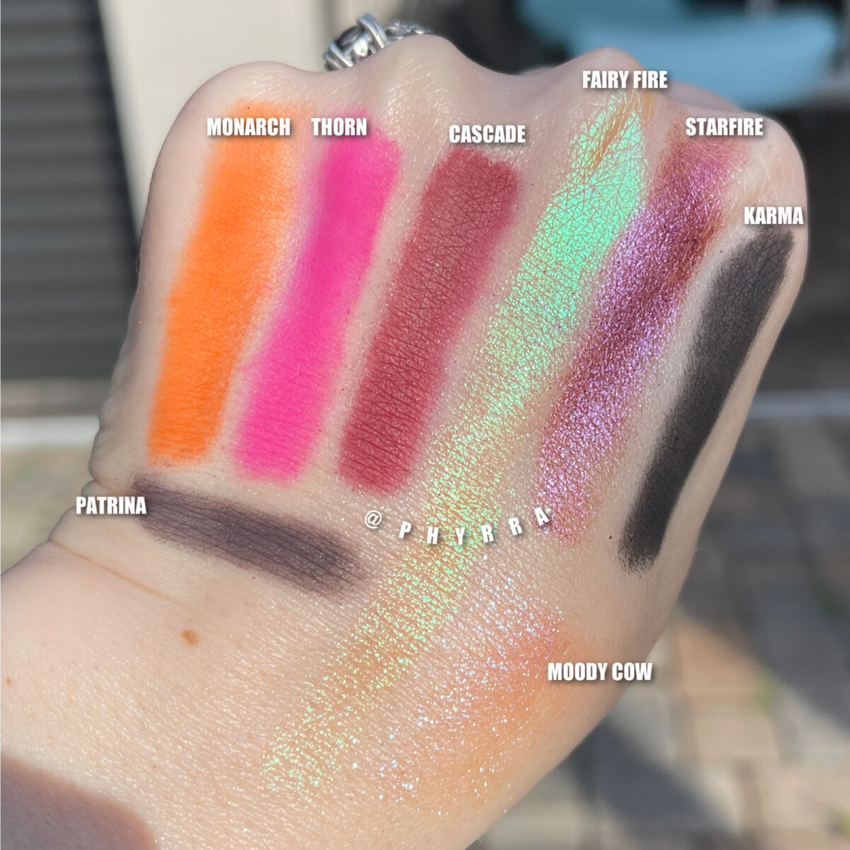 Devinah Fairy Fire, Starfire, Patrina, Karma swatches, Lethal Monarch, Thorn, Cascade swatches, Karla Moody Cow swatches on fair skin