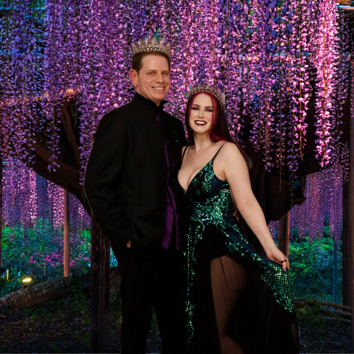 Cordelia & Dave in their bespoke wedding outfits wearing SWEETV crowns