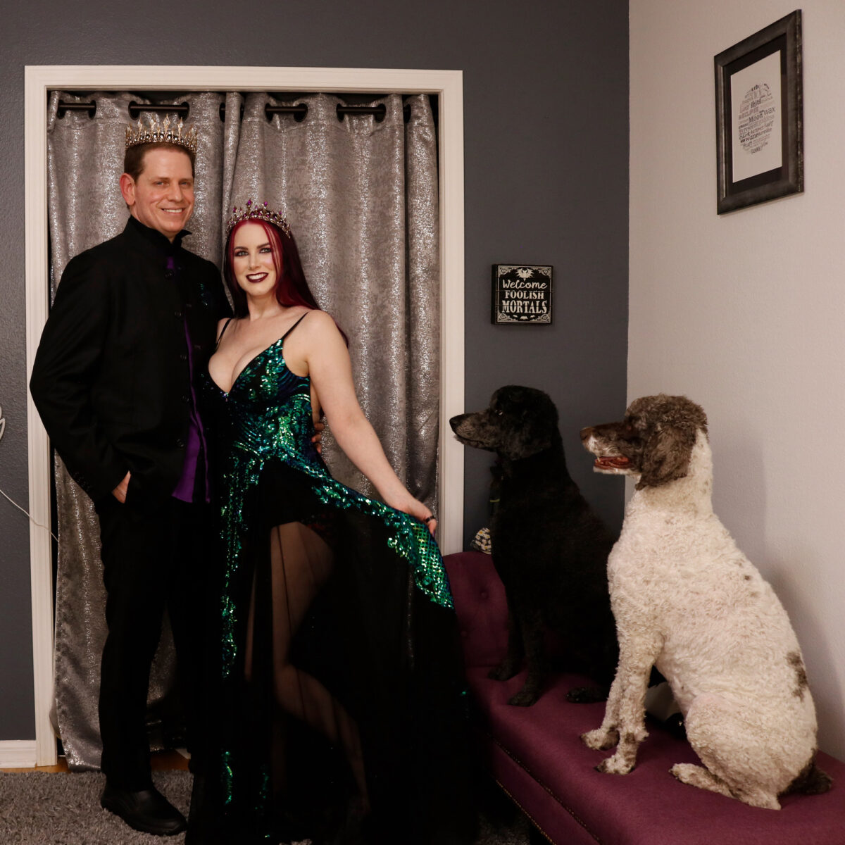 Cordelia and Dave are in their wedding outfits next to their standard poodles, Nyx and Amaya. They're wearing SWEETV crowns