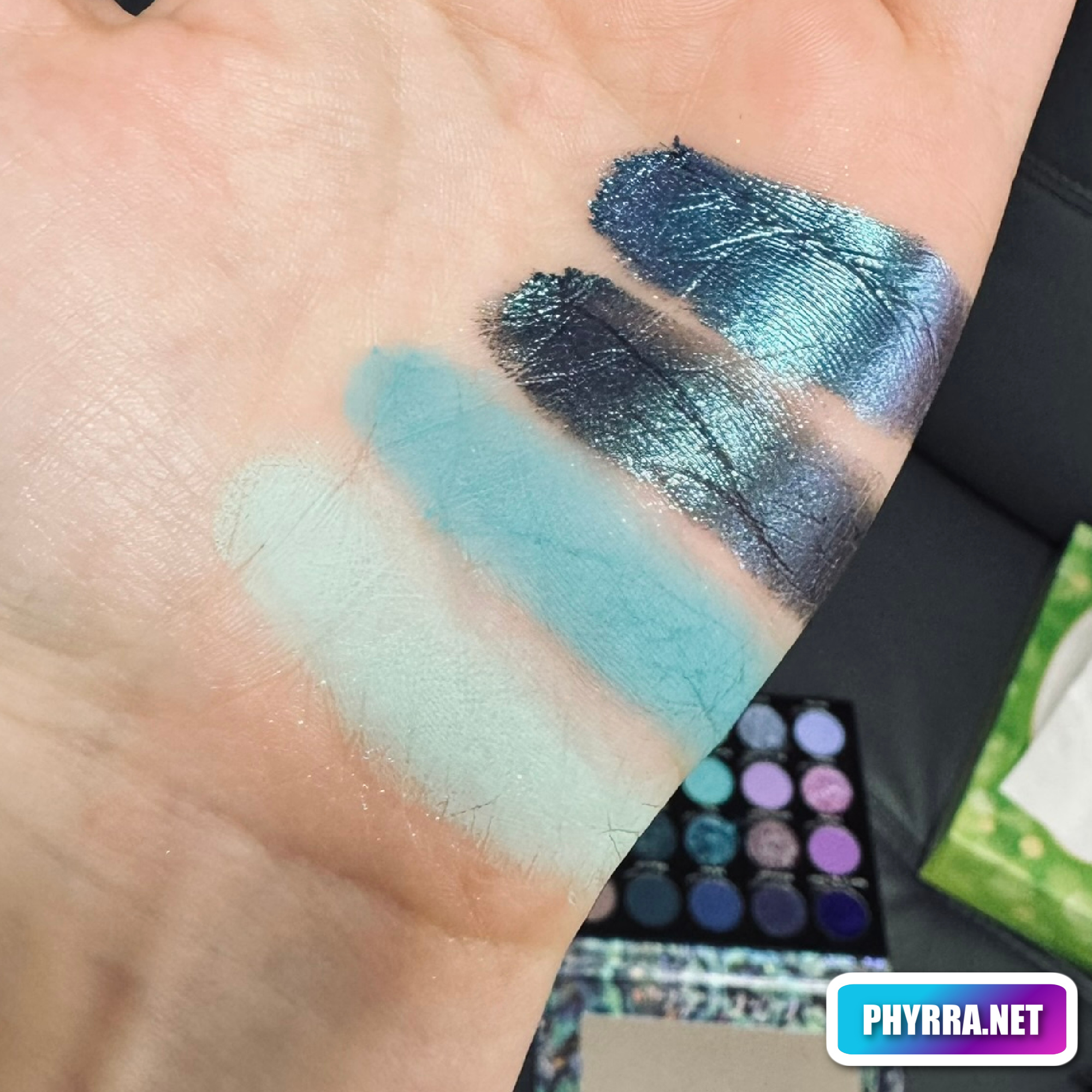 Nacre Shark's Eye Sunken Treasure Sea Glass swatches on pale skin by Cordelia Frost